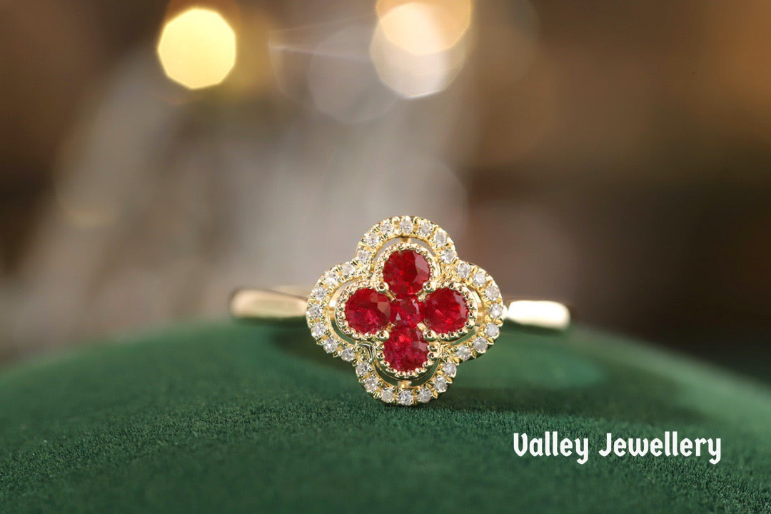 18K lucky four-leaf clover ๐ ruby ring