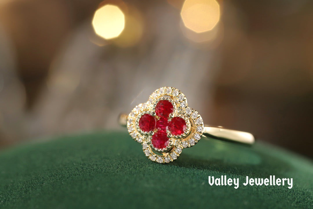 18K lucky four-leaf clover ๐ ruby ring