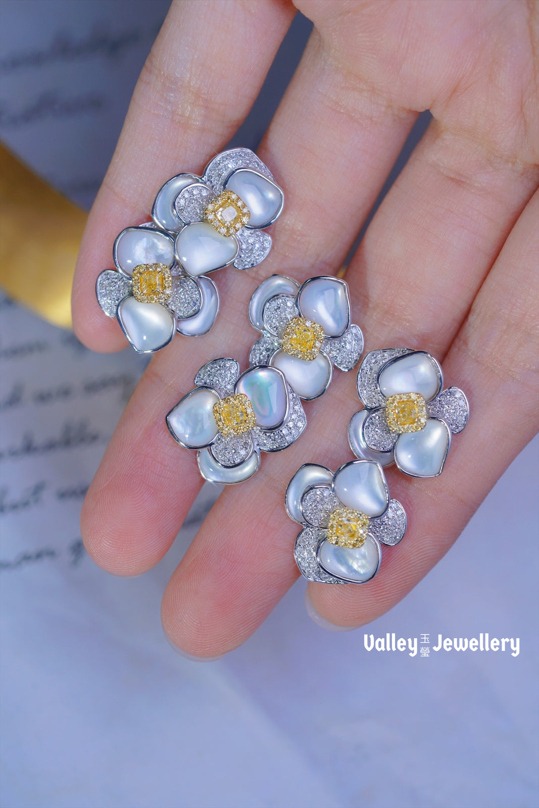 18K Mother of Pearl with Yellow Diamond Flower Earrings