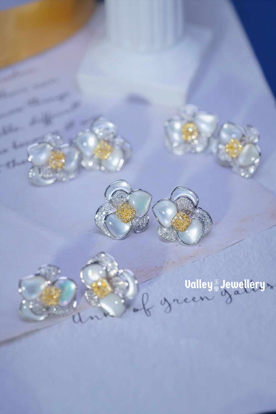 18K Mother of Pearl with Yellow Diamond Flower Earrings