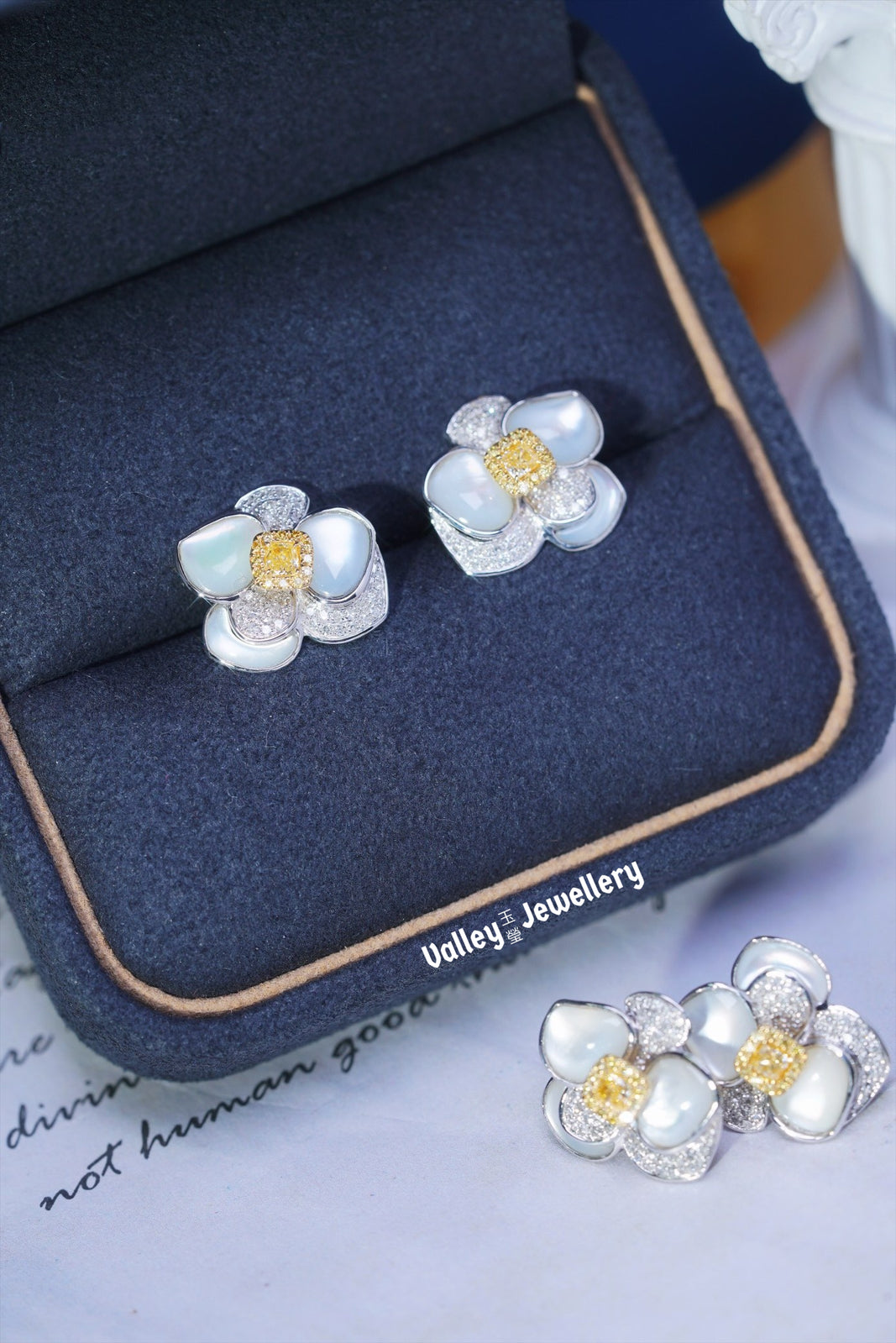 18K Mother of Pearl with Yellow Diamond Flower Earrings