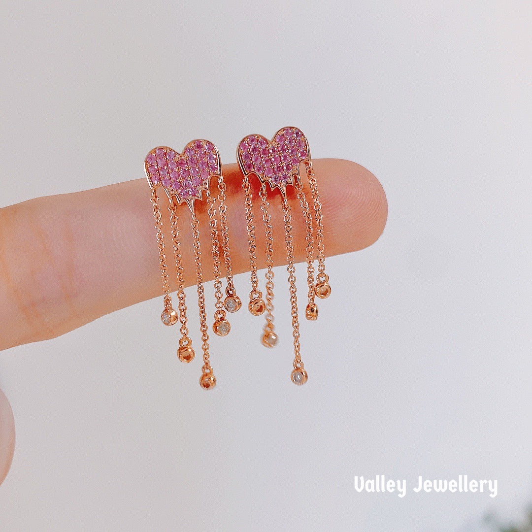 18k diamond with pink sapphire love earrings