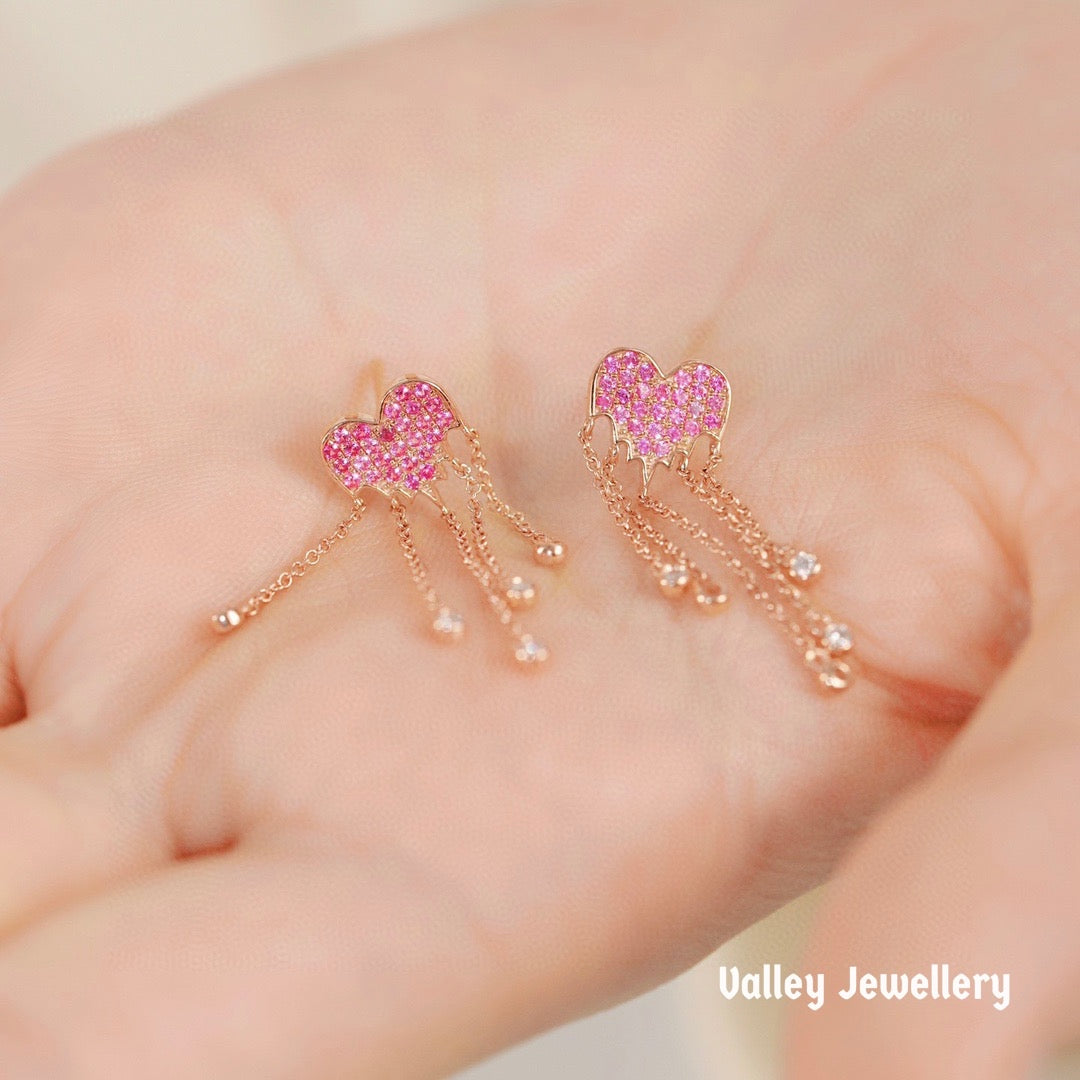 18k diamond with pink sapphire love earrings