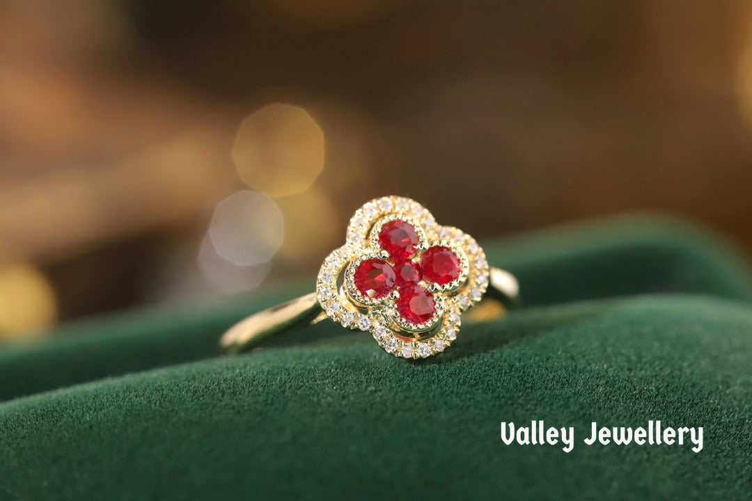 18K lucky four-leaf clover 🍀 ruby ring