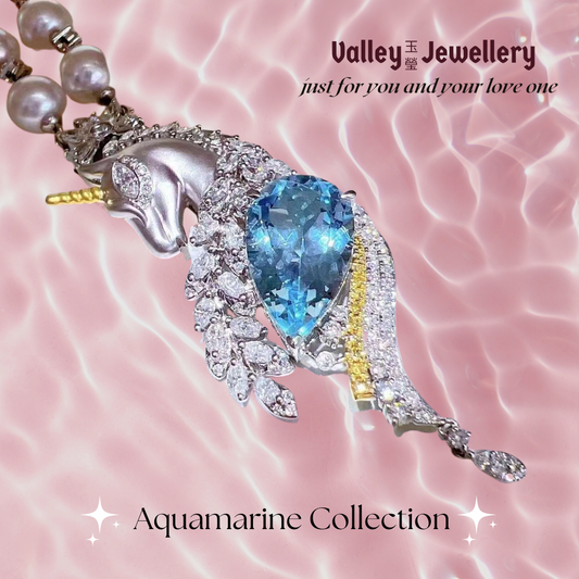 Unicorn 18K Gold Aquamarine with Pearl Necklace