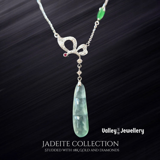 18K Gold Butterfly Ice Jadeite Necklace with diamonds